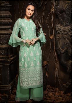 Light Green Color Designer Georgette Straight Cut Kurti